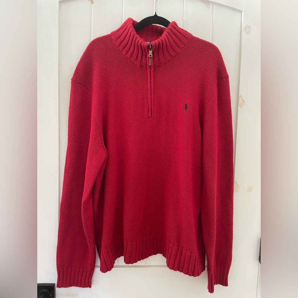 Vintage Ralph Lauren Polo Red Knit Cotton Sweater Pullover Logo size XL 1/3 zip